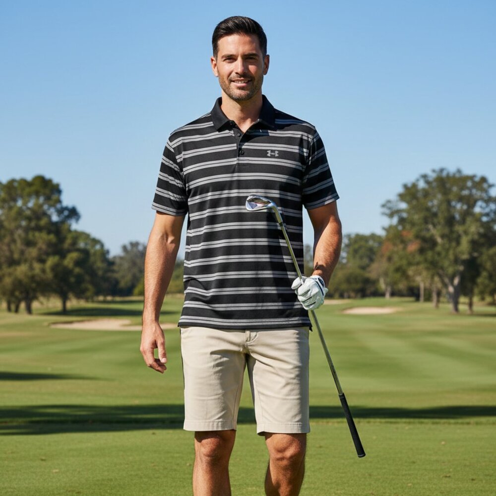 Under Armour Men’s Groove Stripe Polo — Black/Grey | HeatGear | XL